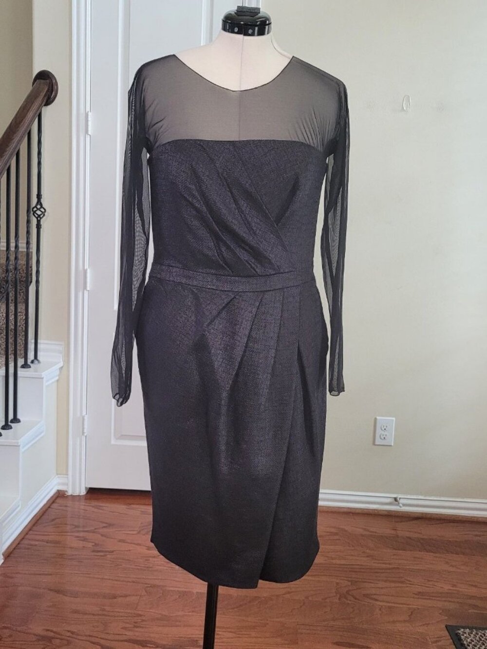 ESCADA Black Illusion Long Sleeve Dress Women 12/42 Pleated Knee Length Cocktail